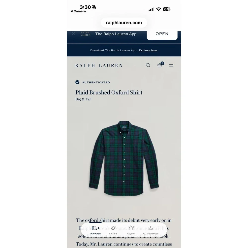 Polo Ralph Lauren Mens Size 4XB Oxford Shirt Green Navy Blue Plaid Brushed